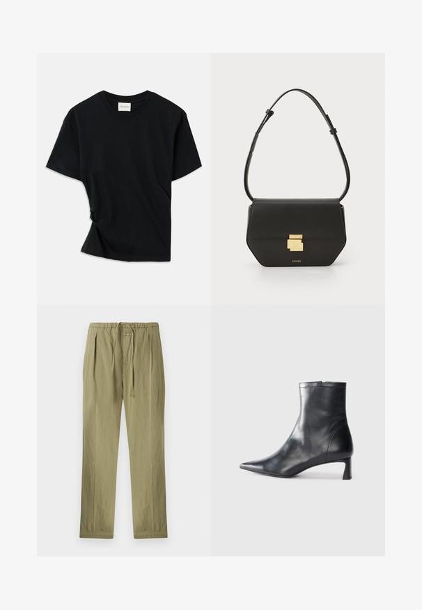 Black t-shirt made of soft cotton, featuring a crew neckline, short sleeves, and a slightly twisted design for a relaxed fit.; Light olive green trousers made of cotton, featuring a drawstring waistband, pleats, and straight-leg design. Soft texture with minimal accents.; Black leather ankle boot with a pointed toe and a sleek design. Features a low heel and a zipper closure at the back. Smooth texture.; CLOSED CLOSED ONE  - Cross body bag - black