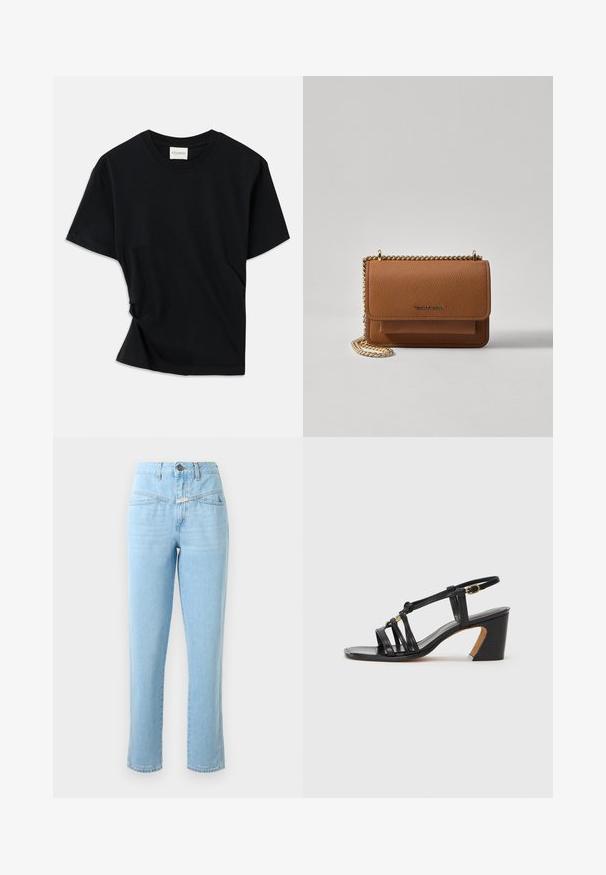 Must musta pehmeast puuvillast, millel on ümar kaelus, lühikesed varrukad ja kergelt keeratud disain, et tagada mugav istuvus.; Kõrge vöökohaga helesinised denim teksad, millel on eestaskud, nööp ja lukuga sulgemine ning sirge lõikega sääred.; Paul Smith AMIRA - Klassikalised kontsakingad - black; Pruun tekstureeritud nahk ristkeha kott kuldse ahelaga rihmaga ja klapiga sulgemine. Esiküljel on logo detail ja tasku klapi all.