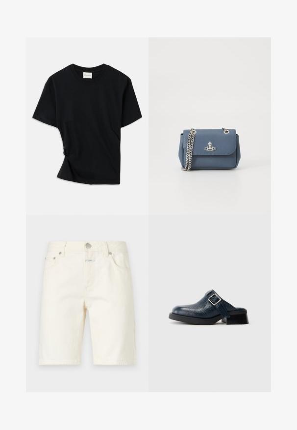 Musta t-paita, joka on valmistettu pehmeästä puuvillasta. Siinä on pyöreä pääntie, lyhyet hihat ja hiukan kiertyneenä oleva muotoilu, joka takaa rentotun fit.; CLOSED JINNIE - Shortsit - white; Lepakka tummansininen nahkainen puukko, jossa on teksturoitu pinta, varustettuna sivuhihnalla ja hopeisella soljella, asetettuna matalalle mustalle korolle, jossa on kestävä pohja.; Sininen teksturoitu keinonahkainen käsilaukku, jossa on hopeinen ketjusankka ja logoakseli edessä. Solkilukko ja läppämuotoilu.