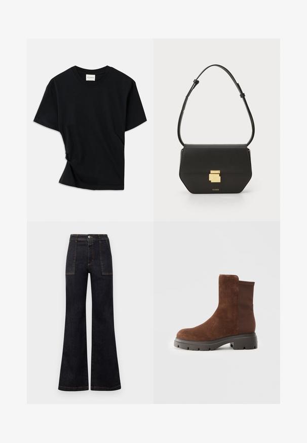 Juodas marškinėlis, pagamintas iš minkštos medvilnės, su apvalia iškirpte, trumpomis rankovėmis ir šiek tiek sukurtu dizainu, užtikrinančiu laisvą prigludimą.; Tamsių džinsų kelnės su plačiu apačiu ir aukštu liemeniu, su oranžinėmis siuvimo detalėmis ir dviem priekinėmis kišenėmis. Sklandi tekstūra, švarus apdaila, klasikinis dizainas.; Rudos suedes batai iki kulkšnių su elastingais šonų intarpais, apvaliu nosiu ir stora gumuota pašluota, turinčia tekstūruotą protektorių.; CLOSED CLOSED ONE - Rankinė per petį - black