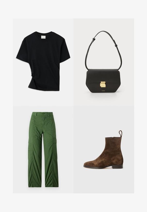 Must musta pehmeast puuvillast, millel on ümar kaelus, lühikesed varrukad ja kergelt keeratud disain, et tagada mugav istuvus.; Roheline cargo pant, mis on valmistatud kergest kangast, omades lõõgastavat istuvust, küljetaskuid ja nööpkinnitust vööl.; Pruunist nahast pahkluu saapad sileda viimistluse, ümarate varvaste ja väikese kontsaga. Omab tagumist tõmblukku, mis lihtsustab jalga panemist.; CLOSED CLOSED ONE - Ülerinna-kott - black