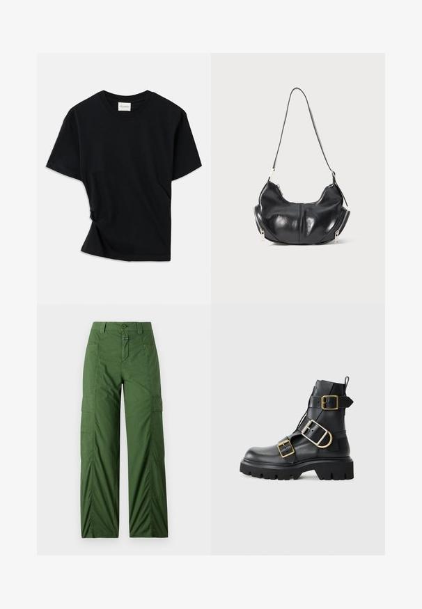 Svart t-shirt i mjuk bomull, med rund halsringning, korta ärmar och en lätt snedvriden design för en avslappnad passform.; Gröna cargo-byxor i lättviktigt tyg, med en avslappnad passform, sidofickor och knäppning med knapp i midjan.; Svart läderankelsko med kraftig sula, med flera remmar och gyllene detaljer. Slät textur, robust design.; Svart läder axelväska i halvmåneform med silverfärgade dragkedjor på båda sidor och ett enda band.