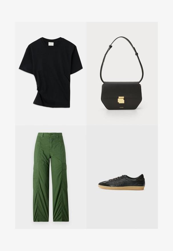 Čierne tričko vyrobené z mäkkej bavlny, s okrúhlym výstrihom, krátkymi rukávmi a mierne skrúteným dizajnom pre pohodlný strih.; Zelené nákladné nohavice vyrobené z ľahkého materiálu, s voľným strihom, bočnými vreckami a gombíkovým zapínaním v páse.; Čierne kožené tenisky s jemnými akcentmi z semišu, okrúhla špička, gumená podrážka, ploché šnúrky a prešité detaily. Obsahuje logo značky na päte.; CLOSED CLOSED ONE  - Taška cez plece - black