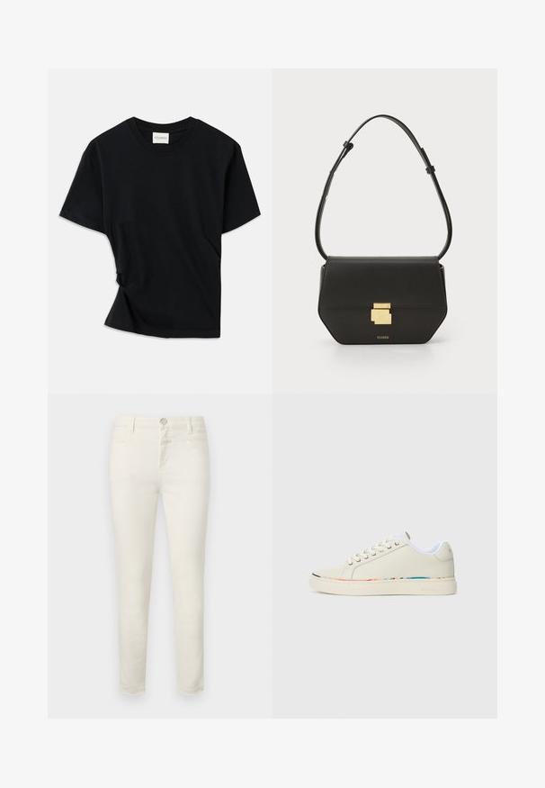 Juodas marškinėlis, pagamintas iš minkštos medvilnės, su apvalia iškirpte, trumpomis rankovėmis ir šiek tiek sukurtu dizainu, užtikrinančiu laisvą prigludimą.; Šviesiai rudi džinsai su lieknu siluetu, pagaminti iš medvilnės mišinio, turintys penkių kišenių dizainą ir užtrauktuką su metaliniu mygtuko uždarymu.; Off-white žemo profilio sportiniai bateliai su raišteliais, balta vidinė apdaila ir subtilus daugiaspalvis apvadas aplink pado kraštą, šoninis vaizdas.; CLOSED CLOSED ONE - Rankinė per petį - black