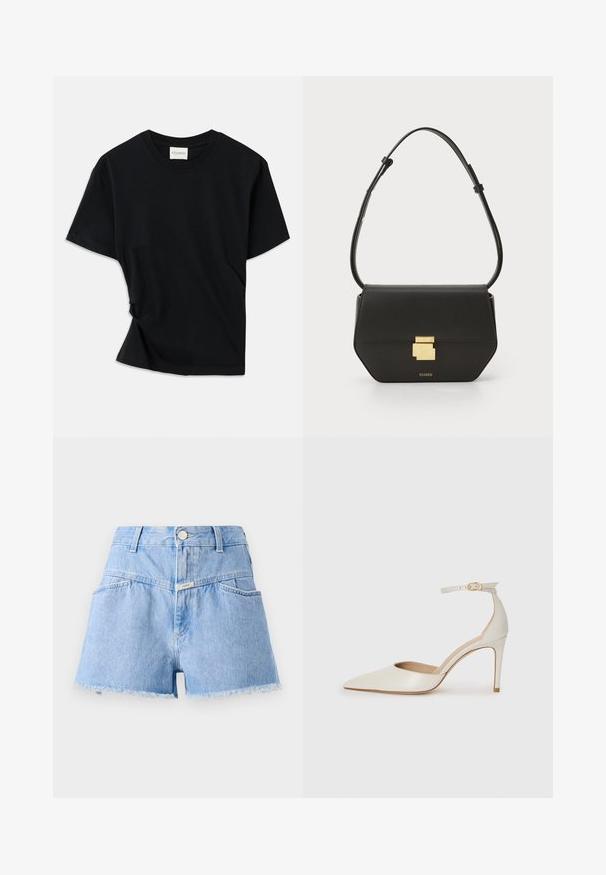 Must musta pehmeast puuvillast, millel on ümar kaelus, lühikesed varrukad ja kergelt keeratud disain, et tagada mugav istuvus.; Heledad sinine teksashorts, millel on kõrge vöökoht, lõtv hem ja viis taskut. Ees on hõbedane nupp ja väike brändi silt.; Valgete nahast kõrge kontsaga kingad, terava varbaga, ankle strapiga ja kitsaste stiletto kontsadega. Sile tekstuur koos peene läikega.; CLOSED CLOSED ONE - Ülerinna-kott - black