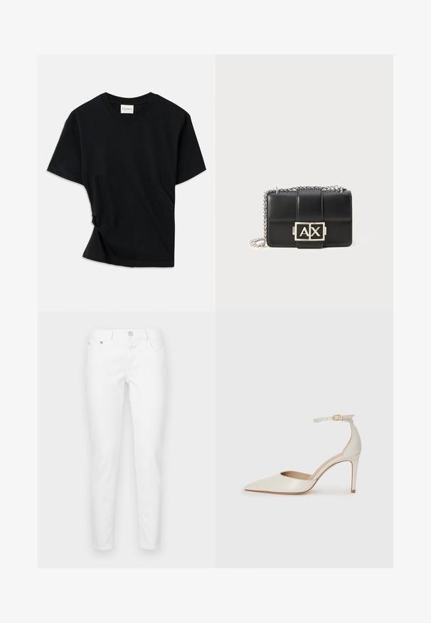 Černé tričko vyrobené z měkké bavlny, s klasickým kulatým výstřihem, krátkými rukávy a mírně zkrouceným designem pro pohodlný střih.; Bílé džíny slim fit, vyrobené z bavlněné směsi. Mají pět kapes, zipový kloub a kovové zavírání na knoflík.; Bílé kožené lodičky na vysokém podpatku s špičatou špičkou, kotníkovým páskem a štíhlým jehlovým podpatkem. Hladká textura s mírným lesklým povrchem.; Černá kožená kabelka s prošívaným designem, stříbrným řetízkem a výrazným stříbrným logem "AX" na přední straně. Kompaktní obdélníkový tvar.