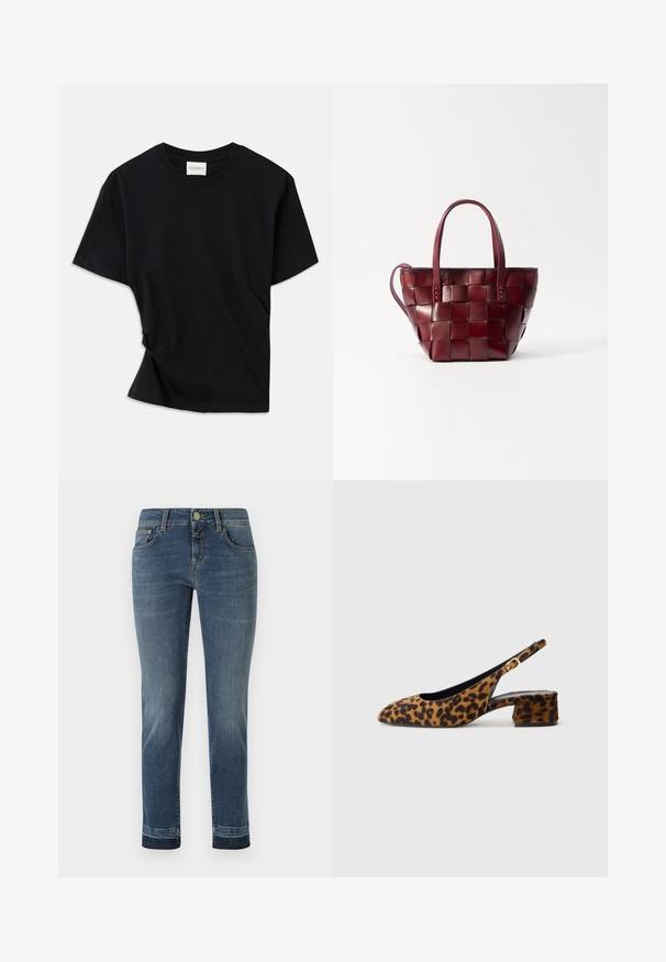 Musta t-paita, joka on valmistettu pehmeästä puuvillasta. Siinä on pyöreä pääntie, lyhyet hihat ja hiukan kiertyneenä oleva muotoilu, joka takaa rentotun fit.; Tummansiniset farkut, joissa on suora lahje, klassinen nappisulku ja viisi taskua. Kevyttä kulutusta reississä.; Naisten leopardikuvioiset slingback-kengät matalalla paksupohjalla ja kultaisella soljella sivunauhoissa, esitetty sivuprofiilissa yksinkertaisella taustalla.; Viettetty viininpunainen nahkaolkalaukku, jossa on kaksi lyhyttä kahvaa ja irrotettava olkahihna. Laukussa on jämäkkä muoto ja sileä pinta.