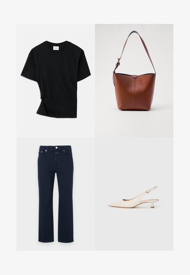 Tricou negru din bumbac moale, cu guler rotund, mâneci scurte și un design ușor răsucit pentru o potrivire confortabilă.; Jeansi din bumbac de culoare bleumarin, cu croială dreaptă, având cinci buzunare, fermoar și închidere cu nasture metalic. Textură netedă, cu detalii de cusătură.; Pantof cu vârf ascuțit de culoare crem, cu toc mic și curea subțire, având o cataramă aurie, pe fundal alb simplu.; Geantă de umăr din piele maro, cu o formă curbată, textură netedă și o curea subțire. Prezintă o cusătură subtilă și un detaliu mic cu logo.