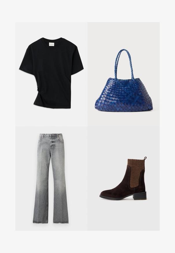 Black t-shirt made of soft cotton, featuring a crew neckline, short sleeves, and a slightly twisted design for a relaxed fit.; Gray flared jeans in denim, featuring a faded effect, standard waistband with button closure, and stitching accents on pockets.; Brown suede ankle boot with a textured brown ribbed knit upper, smooth finish, low block heel, and pull tab at the heel for ease of wear.; Woven blue leather tote bag with two braided handles, featuring a slouchy, angular shape and a textured surface.