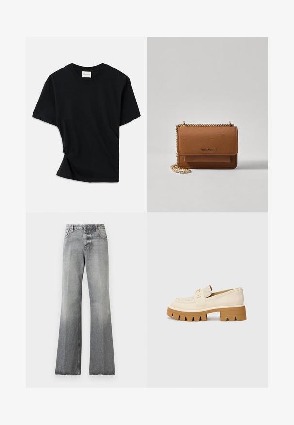 Juodas marškinėlis, pagamintas iš minkštos medvilnės, su apvalia iškirpte, trumpomis rankovėmis ir šiek tiek sukurtu dizainu, užtikrinančiu laisvą prigludimą.; Pilkos plačios džinsinės kelnės, su nusidėvėjusiu efektu, standartiniu liemens juosta ir mygtuko užsegimu, bei siuvinėjimo akcentais kišenėse.; Šviesiai žemiški loafersai su tekstūruota grietinėlės spalvos juostele, turintys tvirtą rudą padą su dantytomis raštais. Auksinė akcento detalė ant sagties.; Ruda tekstūruota odinė per petį nešama rankinė su auksiniu grandininiu dirželiu ir užlenkiamo užsegimo. Priekinėje pusėje yra logotipo detalė ir kišenė po užlenkimu.