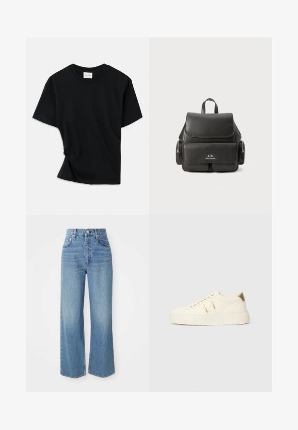 Sort t-shirt lavet af blødt bomuld, med rund halsudskæring, korte ærmer og et let skrået design for en afslappet pasform.; Lyseblå denimjeans med høj talje, brede ben og rå kant. Har traditionelt femlomme-design og sølvfarvet knaplukning.; Cremefarvet lavtop sneaker med guld accenter, snørebånd og præget "Armani Exchange" branding på sålen og siden.; Sort læderrygsæk med flaplukning, for-lynlomme, sidelommer med lynlås og et topgreb. Har logodetaljer foran.