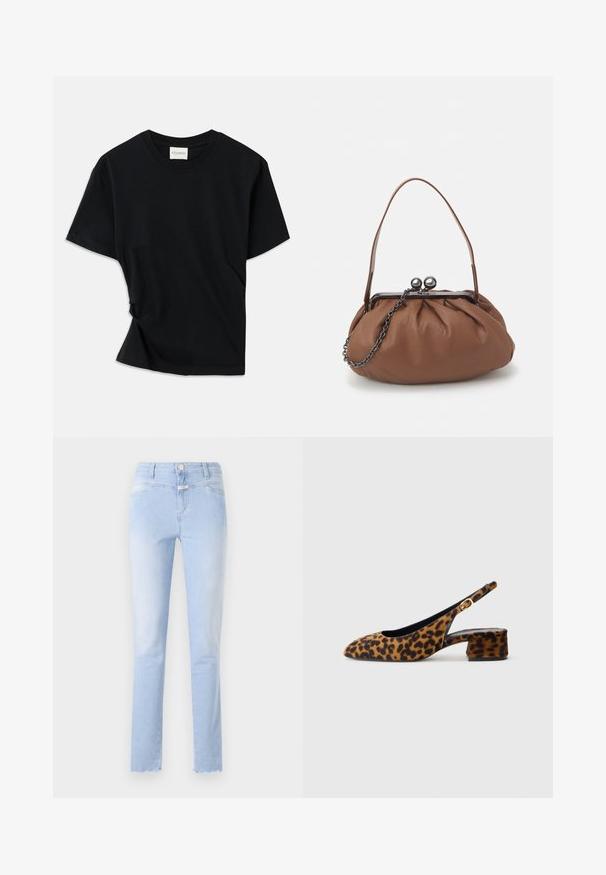Black t-shirt made of soft cotton, featuring a crew neckline, short sleeves, and a slightly twisted design for a relaxed fit.; Light blue denim jeans with a straight cut, featuring a faded wash, five-pocket design, slight fraying at the hem, and a front button closure.; Women's leopard print slingback shoe with low block heel and gold buckle on side strap, shown in side profile on plain background.; Brown leather handbag with a gathered design, a short leather handle, and a chain strap. Features a silver metal clasp with two round accents.