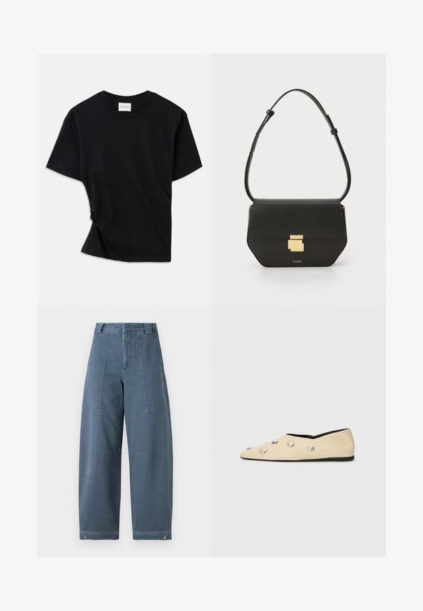 Black t-shirt made of soft cotton, featuring a crew neckline, short sleeves, and a slightly twisted design for a relaxed fit.; Denim wide-leg pants in a light blue shade, featuring a textured surface, two front pockets, and durable stitching at the hem.; CLOSED Ballet pumps - ecru; CLOSED CLOSED ONE - Cross body bag - black
