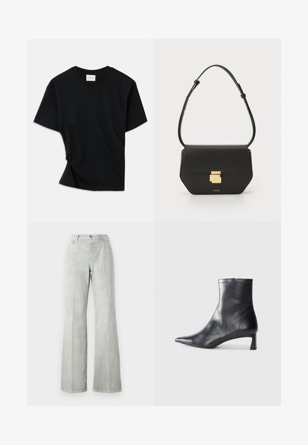 Must musta pehmeast puuvillast, millel on ümar kaelus, lühikesed varrukad ja kergelt keeratud disain, et tagada mugav istuvus.; Heledad hallhallid teksapüksid, valmistatud denimist, kõrge vöökoht, viie tasku disain ja puhas viimistlus minimaalse õmbluste detailiga.; Mustad mustall nahkasaabas terava nina ja stiilse disainiga. Omab madalat konts ja luku sulgemist taga. Sile tekstuur.; CLOSED CLOSED ONE - Ülerinna-kott - black