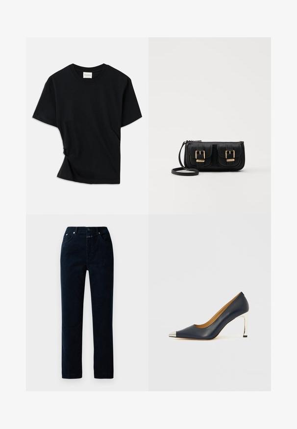 Czarny t-shirt wykonany z miękkiej bawełny, z okrągłym dekoltem, krótkimi rękawami i lekko skręconym fasonem zapewniającym luźny krój.; Granatowe spodnie z korduroy o prostym kroju, z kieszeniami z przodu, zamkiem błyskawicznym i metalowymi guzikami na pasku.; Granatowy skórzany szpilka z ostrym noskiem, z srebrną metaliczną nakładką i błyszczącym srebrnym cienkim obcasem.; Czarna skórzana torba na ramię z dwoma przednimi kieszeniami, złotymi klamrami, zamkiem błyskawicznym i cienkim paskiem. Teksturowana powierzchnia i kompaktowy prostokątny kształt.