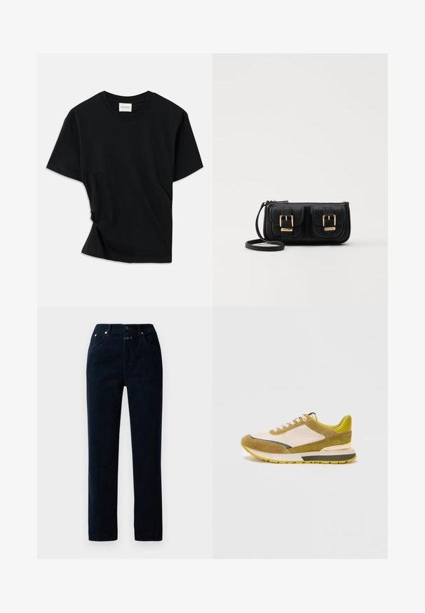 Fekete póló, puha pamutból készült, kerek nyakkivágással, rövid ujjakkal és enyhén csavart kialakítással, amely lazább illeszkedést biztosít.; Tengerészkék kordbársony nadrág egyenes lábbal, elülső zsebekkel, cipzáros sliccel és fémgombokkal a derékon.; Sportcipők beige szarvasbőr és olívazöld részletek kombinációjával, texturált talppal és világos sárga díszítésekkel.; Fekete bőr keresztbody táska két elülső zsebbel, arany csattokkal, cipzáras záródással és vékony pánttal. Textúrált felület és kompakt téglalap alak.