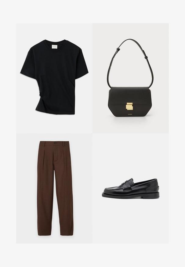Fekete póló, puha pamutból készült, kerek nyakkivágással, rövid ujjakkal és enyhén csavart kialakítással, amely lazább illeszkedést biztosít.; Barna, pliszelt nadrág egyenes lábbal, elülső gombos záródással és strukturált anyaggal, alkalmas formális környezethez.; CLOSED LOAFER - Belebújós cipők - black; CLOSED CLOSED ONE - Keresztpántos táska - black