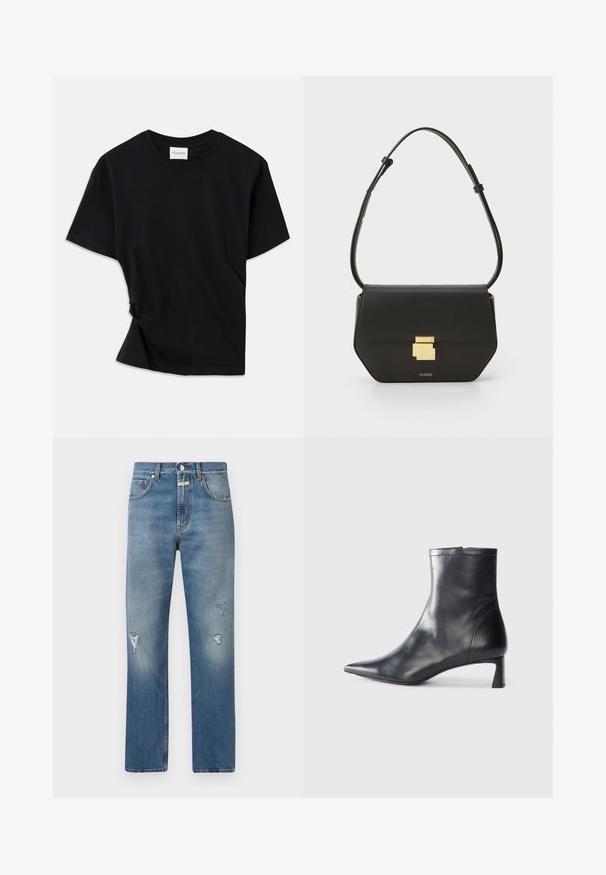 Juodas marškinėlis, pagamintas iš minkštos medvilnės, su apvalia iškirpte, trumpomis rankovėmis ir šiek tiek sukurtu dizainu, užtikrinančiu laisvą prigludimą.; Šviesiai mėlyni džinsai su laisvu kirpimu, su nusidėvėjusiais pleistrais ir užtrauktuku. Klasikinis penkių kišenių dizainas ir tiesios kojos.; Juodas odinis kulkšninis batas su smailiu pirštu ir elegantišku dizainu. Turi žemą kulną ir užtrauktuką gale. Lygi tekstūra.; CLOSED CLOSED ONE  - Rankinė per petį - black