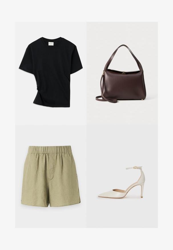 Crna majica s kratkim rukavima izrađena od mekog pamuka, s okruglim izrezom i blago zakrivljenim dizajnom za opušteni izgled.; Svijetlozelene lanene kratke hlače s elastičnom trakom u struku, bočnim džepovima i opuštenim krojem. Karakterizira ih gladak, blago teksturiran materijal.; Bijela kožna visoko potpetica s oštrim vrhom, remenom oko članaka i tankom stiletto potpeticom. Glatka tekstura s blagim sjajnim završetkom.; Smeđa kožna torba s strukturiranim oblikom, s jednim gornjim ručkom i odvojivim remenom za rame. Detalji od zlatnog metala.