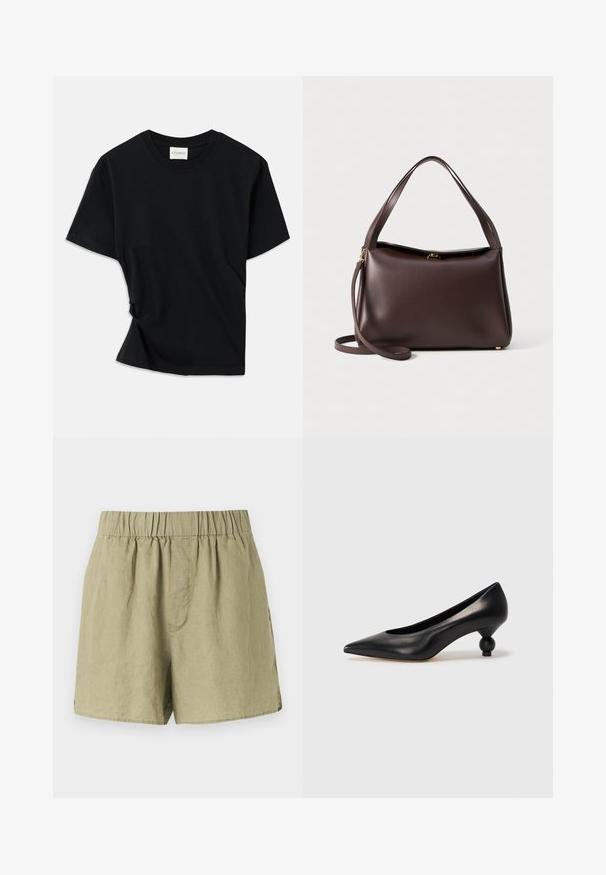 Must musta pehmeast puuvillast, millel on ümar kaelus, lühikesed varrukad ja kergelt keeratud disain, et tagada mugav istuvus.; Heledad rohelised linane lühikesed püksid, millel on elastne vöökoht, küljetaskud ja mugav lõige. Omab siledat, veidi tekstureeritud kangast.; Must musta kõrge kontsaga king, millel on terav nina ja ümar, pallikujuline konts. Sile pind ja elegantne, minimalistlik disain.; Pruun nahast käekott struktureeritud kujuga, millel on üks ülemine sang ja eemaldatav õlavarre rihm. Kuldne detail varustuses.