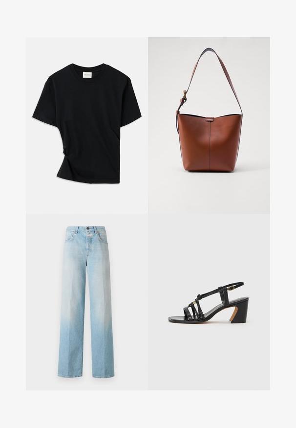 Černé tričko vyrobené z měkké bavlny, s klasickým kulatým výstřihem, krátkými rukávy a mírně zkrouceným designem pro pohodlný střih.; Světle modré denimové široké džíny se světlým gradientem, které mají klasický pětikusový design a kovové uzavírání na knoflík.; Paul Smith AMIRA - Klasické lodičky - black; Hnědá kožená taška přes rameno s zakřiveným tvarem, hladkou texturou a jedním tenkým popruhem. Obsahuje jemný šev a malý detail loga.