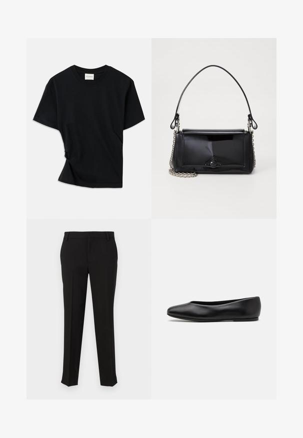 Schwarzes T-Shirt aus weicher Baumwolle mit Rundhalsausschnitt, kurzen Ärmeln und einem leicht gedrehten Design für eine lockere Passform.; Schwarze maßgeschneiderte Hosen aus glattem Stoff, mit einem geraden Beinschnitt, Gürtelschlaufen und seitlichen Taschen. Keine sichtbaren Muster oder Beschläge.; Paul Smith TOPANGA - Klassischer Ballerina - black; Schwarze Lackleder-Handtasche mit rechteckiger Form, Kettenriemen und einem markanten Hardware-Akzent in der Mitte. Glatte Textur.
