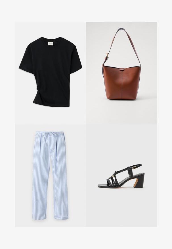 Must musta pehmeast puuvillast, millel on ümar kaelus, lühikesed varrukad ja kergelt keeratud disain, et tagada mugav istuvus.; Heledad sinise ja valge triibuline pidžaama püksid, millel on paelaed ja lõdvestatud sobivus ning keeratud servad. Valmistatud pehmest ja kergest kangast.; Paul Smith AMIRA - Klassikalised kontsakingad - black; Pruun nahast õlakott, millel on kaarjas kuju, sile tekstuur ja üks õhuke rihm. Omab peent õmblust ja väikest logo detaili.