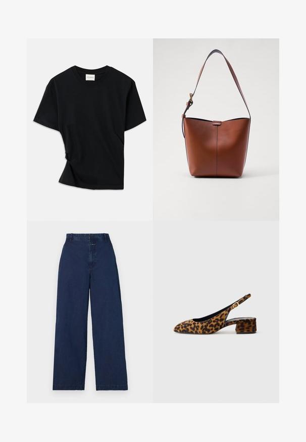Fekete póló, puha pamutból készült, kerek nyakkivágással, rövid ujjakkal és enyhén csavart kialakítással, amely lazább illeszkedést biztosít.; Széles lábú, sötét tengerészkék farmernadrág magas derekkal, elöl gombzárral és oldalsó zsebekkel. Puha tapintás minimális részletezéssel.; Női leopárdmintás, csak hátsó pánttal rendelkező cipő, alacsony tömbsarkúval és arany csattal az oldalpánton, oldalsó profilban látható, sima háttéren.; Barna bőr válltáska ívelt formával, sima felülettel és egy vékony pánttal. Diszkrét varrással és kis logóval rendelkezik.