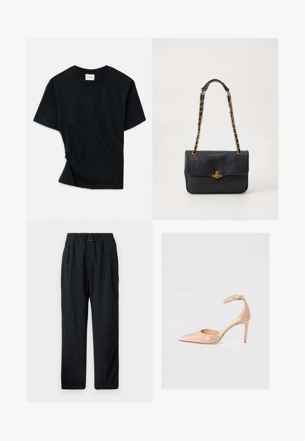Fekete póló, puha pamutból készült, kerek nyakkivágással, rövid ujjakkal és enyhén csavart kialakítással, amely lazább illeszkedést biztosít.; Fekete, könnyű nadrág, laza szabással. Jellemzője az elasztikus derékpánt húzózsinórral, látható zsebek nélkül, sima textúrával.; Meztelen színű, lakk bőr, hegyesorrú cipő bokapánttal és stiletto sarkal, sima textúrával és minimalista dizájnnal. ; Fekete bőrtáska hajtókával, arany tónusú lánc pánttal és logóval ellátott részlettel elöl. Simább textúra.