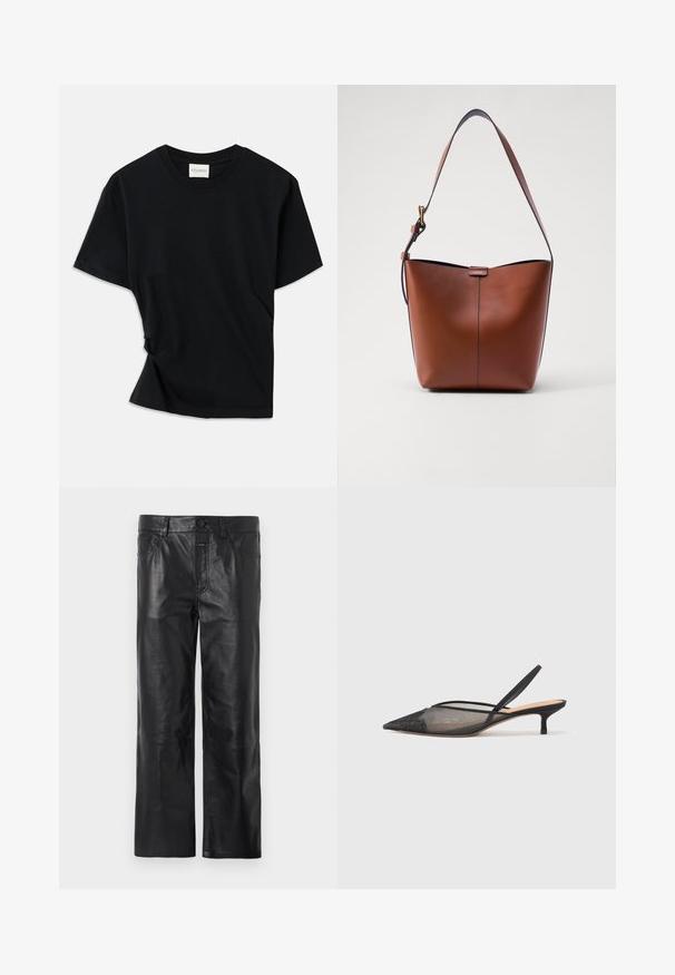 Fekete póló, puha pamutból készült, kerek nyakkivágással, rövid ujjakkal és enyhén csavart kialakítással, amely lazább illeszkedést biztosít.; Fekete bőr nadrág egyenes szárú kialakítással, gombos derékrésszel és zsebekkel, sima textúrával és látható varrási részletekkel.; NEOUS IRENA - Klasszikus sarkú cipők - black; Barna bőr válltáska ívelt formával, sima felülettel és egy vékony pánttal. Diszkrét varrással és kis logóval rendelkezik.