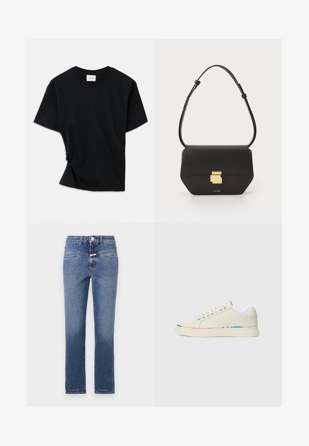 Maglietta nera realizzata in morbido cotone, con colletto a girocollo, maniche corte e un design leggermente torcigliato per una vestibilità rilassata.; Jeans in denim di un blu medio, a gamba dritta, con vita a media altezza, cinque tasche e dettagli di cucitura discreti.; Sneaker bassa color avorio con design a lacci, fodera interna bianca e sottile bordatura multicolore lungo il bordo della suola, vista laterale.; CLOSED CLOSED ONE - Borsa a tracolla - black