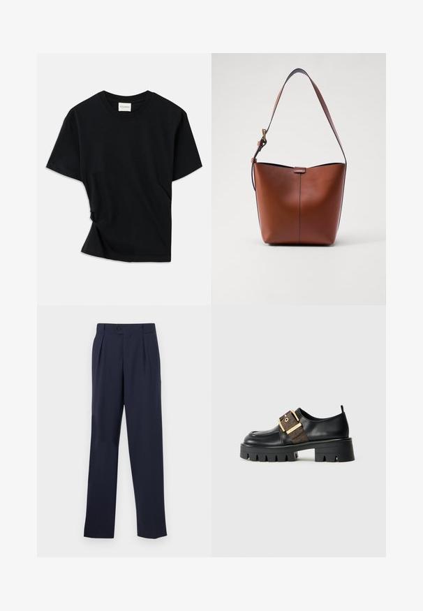 Zwarte t-shirt van zachte katoen, met een ronde hals, korte mouwen en een licht gedraaide stijl voor een ontspannen pasvorm.; Marineblauwe op maat gemaakte broek met een rechte pijp, voorzien van een knoopsluiting, plooien aan de voorkant en een gladde textuur.; Zwarte leren schoen met een stevige zool, voorzien van een gouden gespsluiting en een getextureerde bruine accent. Ronde neus en minimalistisch ontwerp.; Bruine leren schoudertas met een gebogen vorm, gladde textuur en een enkele dunne schouderband. Heeft een subtiele naad en een klein logo-detail.