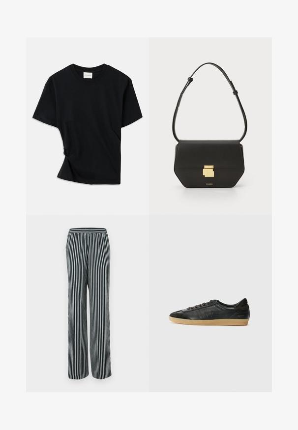 Juodas marškinėlis, pagamintas iš minkštos medvilnės, su apvalia iškirpte, trumpomis rankovėmis ir šiek tiek sukurtu dizainu, užtikrinančiu laisvą prigludimą.; Juostos kelnės su platu kojų dizainu. Turi tamsiai mėlyną pagrindą su šviesiai pilkomis vertikaliomis juostelėmis. Elastinga juosmens juosta patogiam prigludimui.; Juodų odinių sportbačių su zomšos akcentais, apvaliu pirštu, guminėmis padangomis, plokščiomis raišteliais ir siūlės detalėmis. Ant kulno yra prekės ženklo logotipas.; CLOSED CLOSED ONE - Rankinė per petį - black