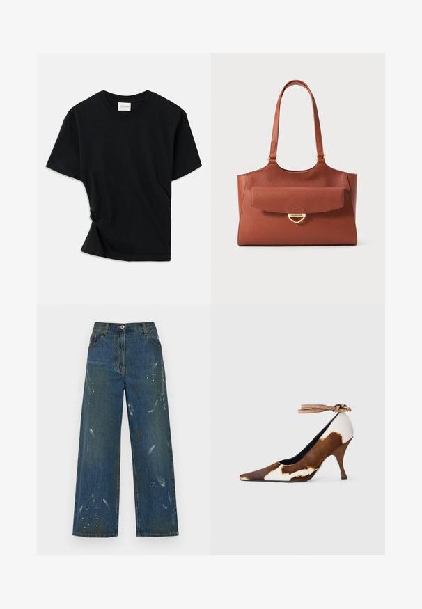 Juodas marškinėlis, pagamintas iš minkštos medvilnės, su apvalia iškirpte, trumpomis rankovėmis ir šiek tiek sukurtu dizainu, užtikrinančiu laisvą prigludimą.; Plačios kojų džinsai tamsiai mėlynos džinsinio audinio, su dažų purslų detalėmis. Klasikinis penkių kišenių dizainas su sagute prie liemens.; Ruda ir balta karvės rašo aukšti kulniukai su smailiu pirštu, tekstūruota paviršiumi ir kulkšnies dirželiu su šviesiai ruduoju užsegimu.; Ruda odinė perkeliamąja kuprinė su ilgomis rankenomis, priekinė kišenė su dangteliu ir auksinė širdeles formos užsegimo sagtis, gravezuota "Love Moschino".