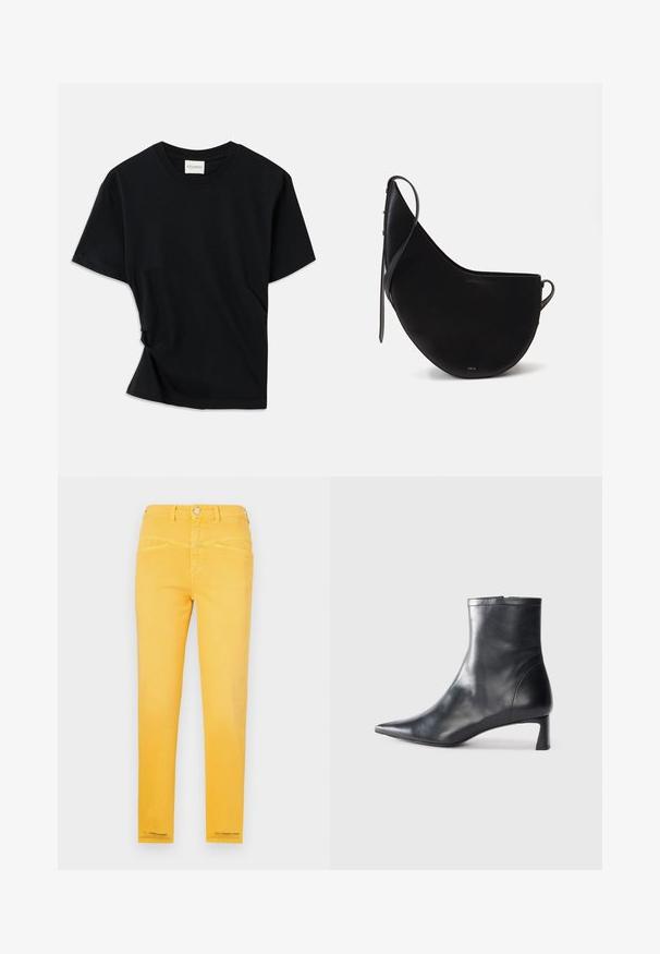 Čierne tričko vyrobené z mäkkej bavlny, s okrúhlym výstrihom, krátkymi rukávmi a mierne skrúteným dizajnom pre pohodlný strih.; Žlté denimové džínsy s priliehavým strihom, piatimi vreckami a gombíkovým zapínaním. Hladká textura s obšívaním pozdĺž švov.; Čierne kožené členkové topánky s špicatou špičkou a elegantným dizajnom. Majú nízky podpätok a zips na zadnej strane. Hladká textúra.; Čierna kožená kabelka s krivkovým tvarom mesiaca, s úzkym popruhom a diskrétnym zlatým brandingom na prednej strane. Hladký povrch s minimálnym hardvérom.