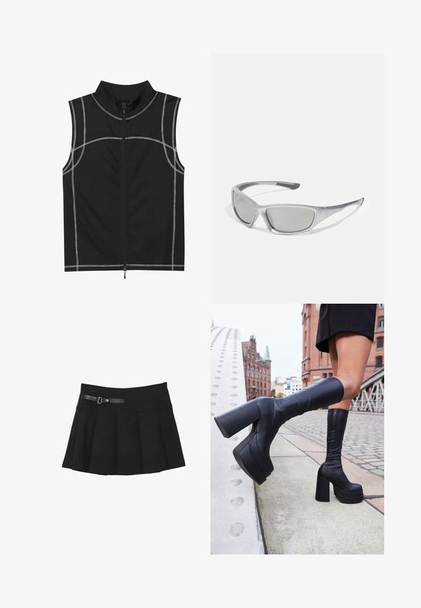 Gilet sans manches noir en tissu lisse, présentant des détails de couture argentée et une fermeture éclair sur le devant, conçu avec un col haut.; Calliope SKATER FIBBIE - Jupe trapèze - ultrablack; Bottes noires à plateforme montantes en cuir lisse, avec des talons carrés épais et un design élégant, le tout sur fond urbain.; Lunettes de soleil grises avec une monture en plastique légère et élégante. Équipées de verres teintés gris et d'accents latéraux texturés pour une meilleure prise.