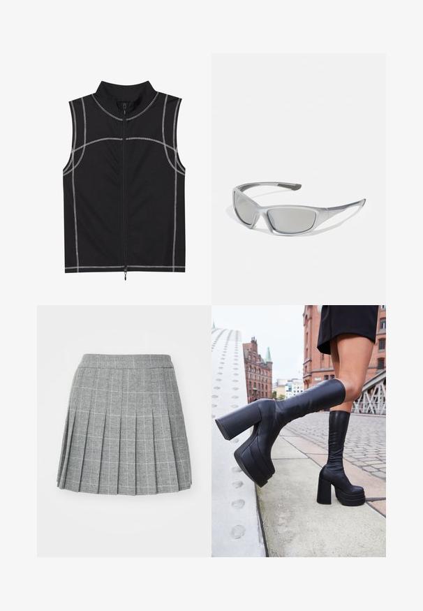 Crna bezrukavna prsluk izrađen od glatkog materijala, s detaljima od srebrnog šivanja i prednjim zatvaračem, dizajniran s visokim ovratnikom.; Siva karirana plisirana suknja s čvrstim pojasom, koja ima šahovsku šaru u tamnim i svjetlim nijansama. Glatka tekstura, dizajn do koljena.; Crne čizme do koljena na platformu od glatke kože, s debelim kvadratnim potpeticama i modernim dizajnom, postavljene u gradskoj pozadini.; Sive naočale s elegantnim, laganim plastičnim okvirom. Imaju tamnosive leće i teksturirane bočne naglaske za dodatno prianjanje.