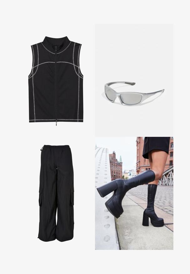 Vest negru fără mâneci, realizat dintr-un material neted, cu detalii cu cusături argintii și închidere cu fermoar în față, conceput cu un guler înalt.; Pantaloni cargo negri cu talie elastică, croială lejeră, material ușor, buzunare laterale și un finisaj texturat subtil.; Botine negre, până la genunchi, cu platformă, fabricate din piele netedă, având tocuri pătrate groase și un design elegant, plasate pe fundalul unui oraș.; Ochelari de soare gri cu un cadru din plastic subțire și elegant. Prezintă lentile gri nuanțate și accente laterale texturate pentru o aderență suplimentară.