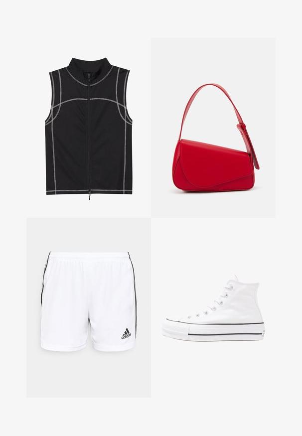 Melna bez piedurknēm vestīte, izgatavota no gludas auduma, ar sudraba šuvēm un priekšējo rāvējslēdzēju, veidota ar augstu apkakli.; adidas Performance SQUAD 21 SHO W - Sporta šorti - white/black; Balti augstie kanvas sporta apavi ar melnu gumijas zoli, priekšējo gumijas purngalu un sešām acīm lencēm, kuriem ir tīrs, minimālistisks dizains.; Sarkans ādas rokassomi ar stūrainu, ģeometrisku dizainu. Iekļauj vienu regulējamu siksnu un vāku ar izšūtu detaļu.