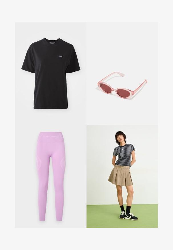 Zwarte katoen t-shirt met een ronde hals, korte mouwen en een klein hartvormig logo linksboven. Soepele textuur, comfortabele pasvorm.; Lichtpaarse leggings met een hoge tailleband, getextureerde zijpanelen en subtiele logo-detail op de voorkant, gemaakt van rekbare stof.; Gestreepte zwart-witte T-shirt, beige geplooide rok, zwarte sneakers met witte accenten, gedragen met zwarte crew-sokken.; Roze transparante zonnebril met ovale lenzen, donkerrode tint en slanke pootjes, met een gladde afwerking en subtiele details op het frame.