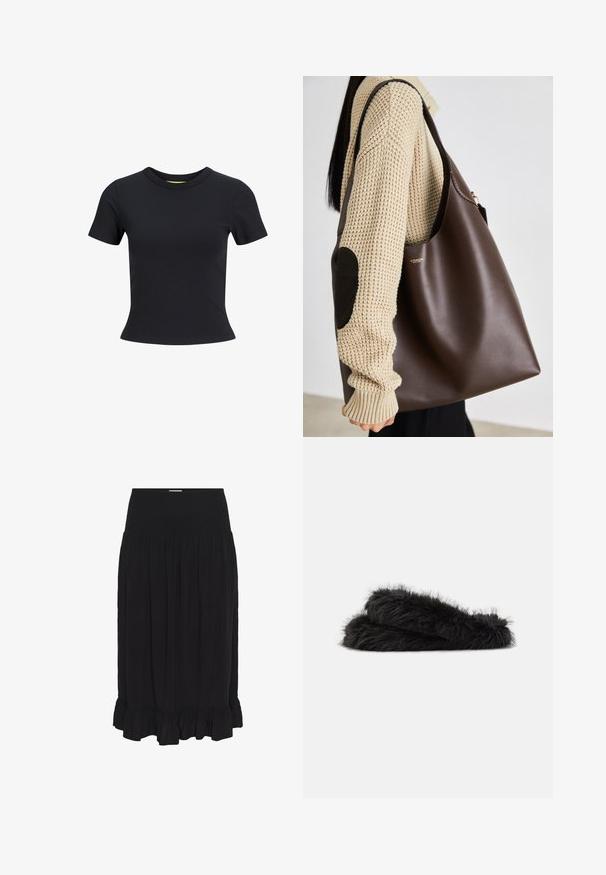 Black short-sleeve t-shirt made of smooth cotton, featuring a round neckline and a fitted silhouette. Simple, solid color design.; Black midi skirt with a smocked waistband, made of lightweight fabric, featuring pleats and a ruffled hem for added detail.; Black, faux-fur slippers with a soft, fluffy texture. Features a padded, open-toe design with layered straps for comfort.; Brown leather tote bag with a spacious design. Features a smooth texture and a subtle gold logo. Paired with a cream knit sweater.