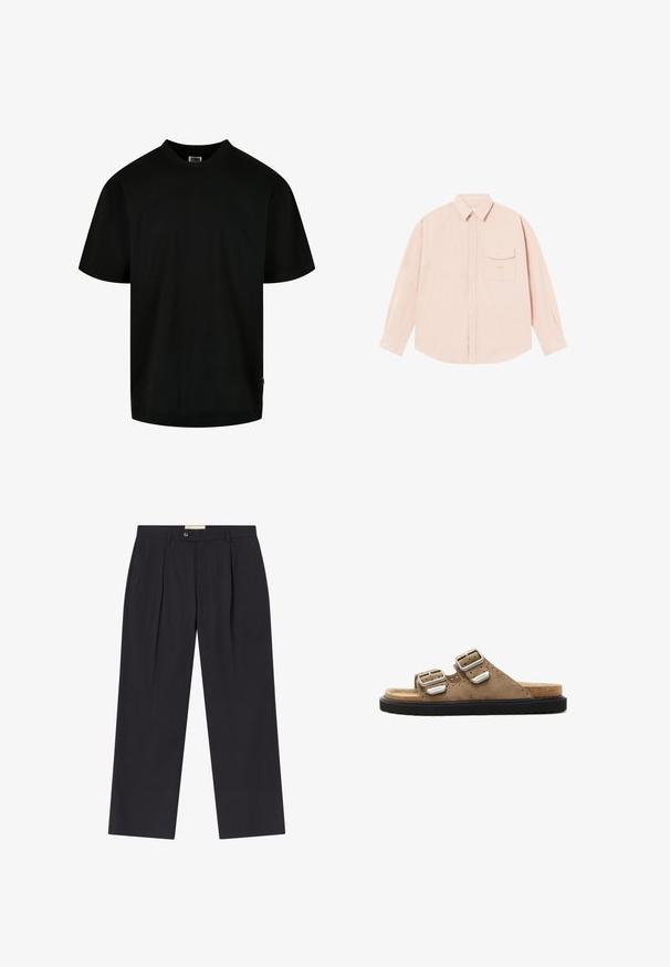 Crna majica od pamuka s okruglim izrezom i kratkim rukavima, slobodnog kroja. Jednostavan dizajn, bez uzoraka ili grafike.; Svijetloružičasta košulja dugih rukava izrađena od mekanog materijala, s kragnom na dugme, prednjim džepom i suptilno izvezenim logotipom na prsima.; Prilagođene tamnoplave hlače s visokim strukom, dva prednja nabora, kopčanje na dugme i ravne nogavice od glatkog materijala.; Smešane sandale od brušene kože u smeđoj boji s dva podesiva srebrna kopčanja, crnim teksturiranim potplatom i perforiranim detaljima na gornjem dijelu.