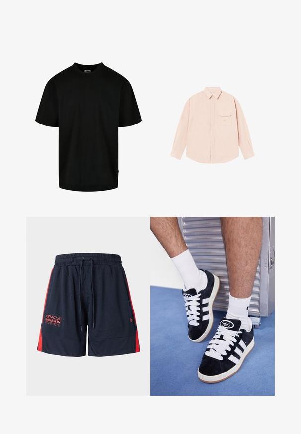 Svart T-skjorte laget av bomull, med rund hals og korte armer i løs passform. Enkelt design, ingen mønstre eller grafikk.; Lys rosa langermet skjorte laget av mykt stoff, med knapping på kragen, frontlomme og subtilt brodert logo på brystet.; Marineblå meshshorts med røde sidestriper. Har strikket liv og snøring. Inkluderer logo broderi på venstre lår.; Sorte semskede sneakers med hvite lisser og tre hvite striper. Har en sirkulær svart logo på tungen og en såle av gummigummi.