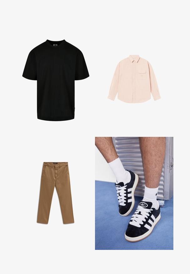 T-shirt noir en coton, avec un col rond et des manches courtes, à coupe ample. Design simple, sans motifs ni graphiques.; Chemise à manches longues de couleur rose clair, en tissu doux, avec un col boutonné, une poche à l'avant et un logo brodé subtil sur la poitrine.; Pantalons en coton marron avec une coupe droite, dotés de deux poches avant et d'une légère élasticité. Lignes épurées et détails de couture minimalistes.; Baskets en suede noir avec des lacets blancs et trois rayures blanches. Présente un logo circulaire noir sur la languette et une semelle en caoutchouc beige.