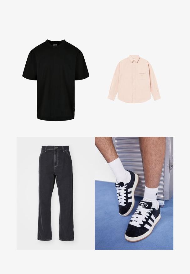 Zwart T-shirt van katoen, met een ronde hals en korte mouwen in een losse pasvorm. Eenvoudig ontwerp, zonder patronen of grafische elementen.; Lichtroze overhemd met lange mouwen, gemaakt van zachte stof, met een button-down kraag, een borstzak en een subtiel geborduurd logo op de borst.; Zwarte denim jeans met een recht gesneden pijp, voorzien van een ritssluiting, vijf zakken en contrasterende stiksels langs de naden.; Zwarte suède sneakers met witte veters en drie witte strepen. Heeft een cirkelvormig zwart logo op de tong en een gumrubberen zool.