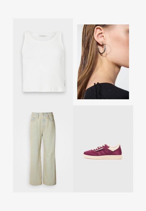 Débardeur blanc à côtes avec un col rond et sans manches, doté d'une coupe droite et d'une petite étiquette de marque sur le côté.; Jean large bleu clair en denim, avec une taille haute, cinq poches, et un léger délavage avec des accents de couture contrastante.; Baskets en cuir violet avec des accents beiges, présentant un bout arrondi, un laçage à l'avant et des rayures sur les côtés. Fini texturé sur la tige.; Boucle d'oreille en argent avec une finition polie, présentant de petits détails en or et de forme ronde, portée sur le lobe.