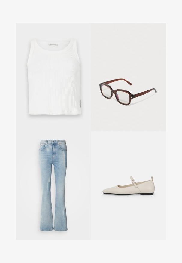 White ribbed tank top with a round neckline and sleeveless design, featuring a straight hem and a small brand label on the side.; Scotch & Soda THE GLOW - Bootcut jeans - art from the heart; White leather Mary Jane flats with a pointed toe, side buckle, and low black heel. Smooth texture and minimalistic design.; Brown translucent rectangular eyeglasses with clear lenses, slight purple reflection, and small gold decorative dots on the front corners.; Silver hoop earring with a polished finish, featuring small gold accent details and a round shape, worn on the lobe.