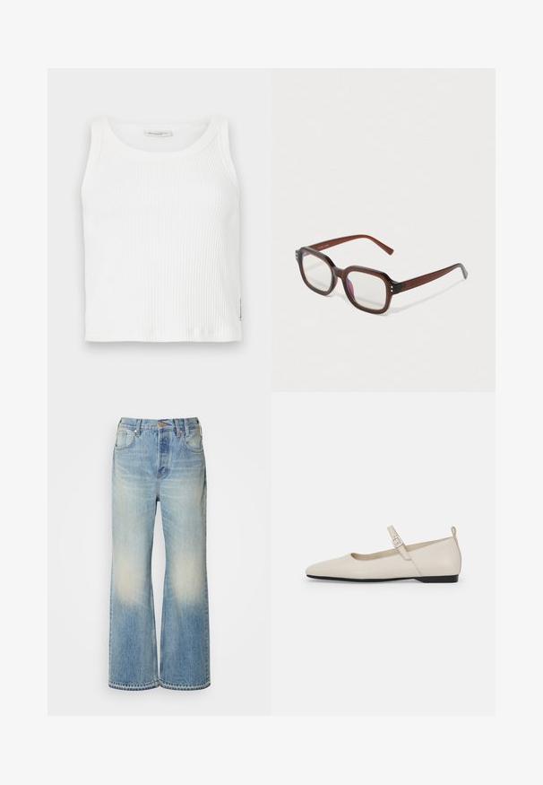 Biely rebrovaný tielko s okrúhlym výstrihom a bezrukávovým dizajnom, s rovnou spodnou časťou a malou značkovou nálepkou na boku.; Svetlomodré riflové nohavice s širokým strihom a vyblednutým efektom, s gombíkovým zapínaním, pútkami na opasok a dizajnom s piatimi vreckami.; Biele kožené Mary Jane balerínky s špicatou špičkou, postrannou sponou a nízkym čiernym opätkom. Hladká textúra a minimalistický dizajn.; Hnedé priehľadné obdĺžnikové okuliare s čírymi šošovkami, s miernym fialovým odrazom a malými zlatými dekoratívnymi bodkami na predných rohoch.; Strieborné kruhové náušnice s hladkým, lesklým povrchom. Kolový tvar a bezpečné klikanie na uzatváranie. Ľahký dizajn vhodný na každodenné nosenie.