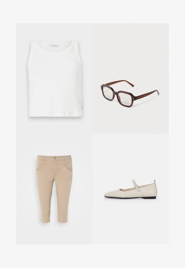 Vit ribbad linne med rund halsringning och ärmlös design, med rak fåll och en liten märkesetikett på sidan.; Beiga beskurna chinos med en mjuk bomullstextur, med två framfickor och knäppning i midjan.; Vita läder Mary Jane-sandaler med spetsig tå, sidspänne och låg svart klack. Slät yta och minimalistisk design.; Bruna genomskinliga rektangulära glasögon med klara linser, lätt lila reflektion och små gyllene dekorativa prickar i de främre hörnen.; Silverörhänge med polerad yta, med små detaljer i guld och rund form, bärs på loben.