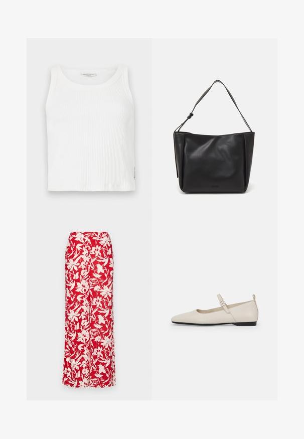 Débardeur blanc à côtes avec un col rond et sans manches, doté d'une coupe droite et d'une petite étiquette de marque sur le côté.; Jupe maxi florale rouge en tissu léger. Caractéristiques de grands motifs de fleurs blanches et d'une taille ajustée, offrant une silhouette droite.; Ballerines blanches en cuir avec un bout pointu, une boucle sur le côté et un petit talon noir. Texture lisse et design minimaliste.; Calvin Klein GRACIE MEDIUM - Sac à main - black; Boucles d'oreilles en argent avec une finition lisse et brillante. Forme arrondie, conception légère, avec un fermoir à tige.